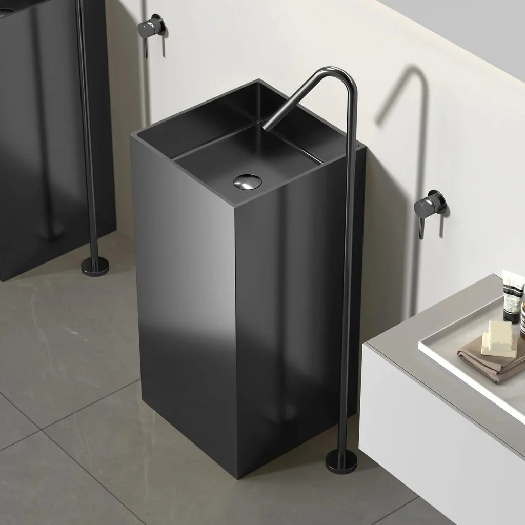 Square Glossy Black SS304 Freestanding Wash Basin Floor-Mounted Sink 400x400x830 mm - Luxury Modern Bathroom Basin for Home & Commercial Use - Image 3