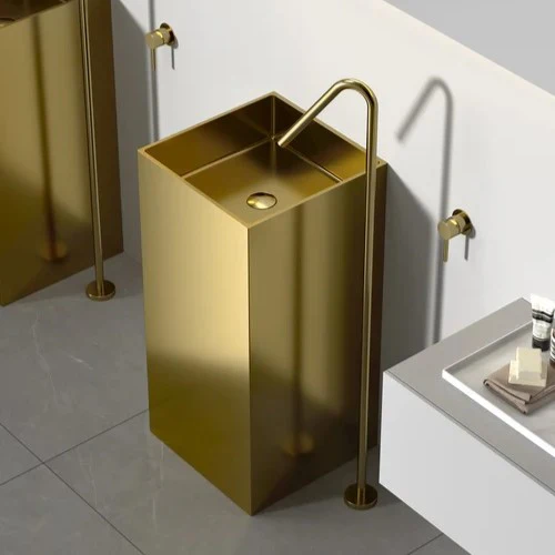 Square Gold SS304 Freestanding Wash Basin Floor-Mounted Sink 400x400x830 mm - Luxury Bathroom Basin for Home, Hotel & Commercial Spaces - Image 2