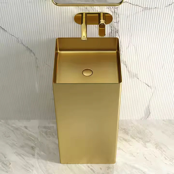 Square Gold SS304 Freestanding Wash Basin Floor-Mounted Sink 400x400x830 mm - Luxury Bathroom Basin for Home, Hotel & Commercial Spaces - Image 3