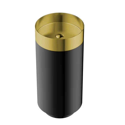 Round Black & Gold SS304 Freestanding Wash Basin Floor-Mounted Designer Sink 380x380x830 mm - Luxury Bathroom Basin for Home & Commercial Spaces