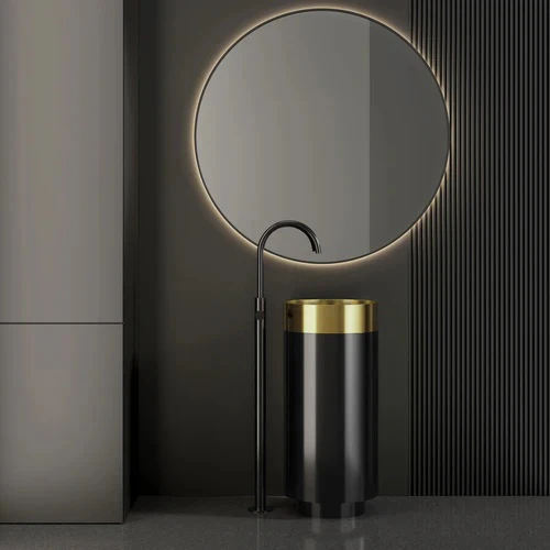 Round Black & Gold SS304 Freestanding Wash Basin Floor-Mounted Designer Sink 380x380x830 mm - Luxury Bathroom Basin for Home & Commercial Spaces - Image 2