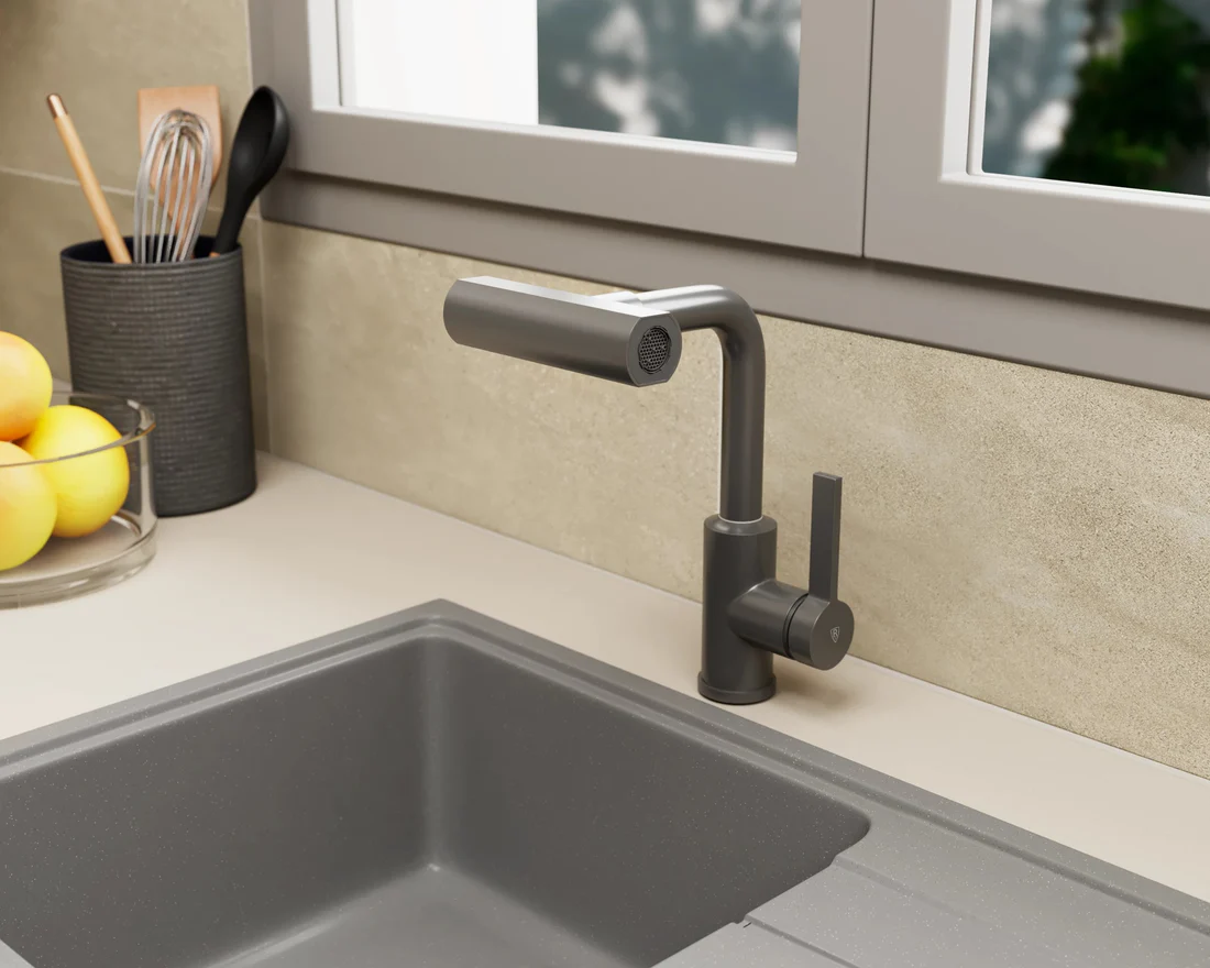 Cold Water Kitchen Sink Tap with 4 Water Flow Functions – Heavy-Duty SS304 Stainless Steel Gun Grey Finish Deck-Mounted Sink Faucet – Robo Series - Image 2